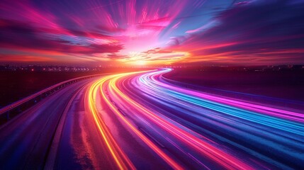 Typical neon night time highway track with colorful lights and trails in the distance