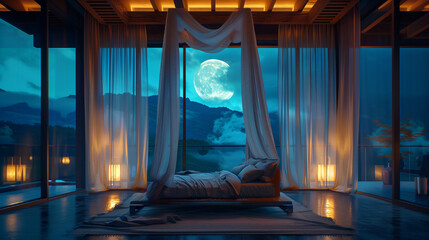 A beautiful view of moon from window of modren room ai gernerated