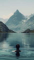 Person enjoys a peaceful swim in a tranquil mountain lake with majestic peak in the background