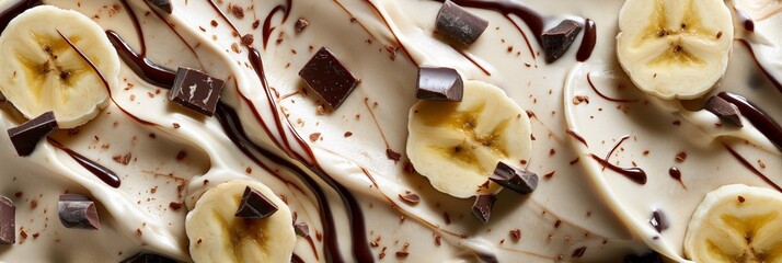Ice cream with chocolate chunks, banana slices and chocolate syrup