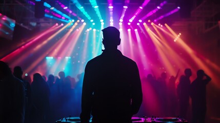 Obraz premium Colorful lights shining on the DJ stage, with silhouette of an Asian male dj playing music in front of people dancing at night club party