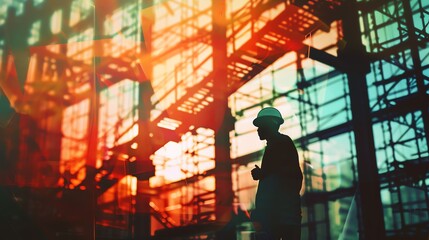Fototapeta premium Construction engineer inspecting materials close up, focus on, copy space striking colors, Double exposure silhouette with steel beams