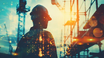 Construction engineer on scaffold close up, focus on, copy space vibrant shades, Double exposure silhouette with construction workers