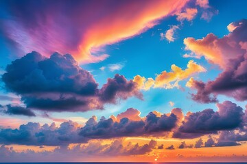 A breathtaking sunrise, warm glow fluffy clouds. serene sky in pink, orange and blue, tranquility of dawn. beauty of nature and peacefulness, ideal for wellness and travel, generative ai - Powered by Adobe