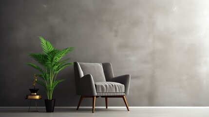 Fototapeta premium modern minimalistic living room interior dark empty mockup grey concrete wall and chair with plant in vase lamp mock up background