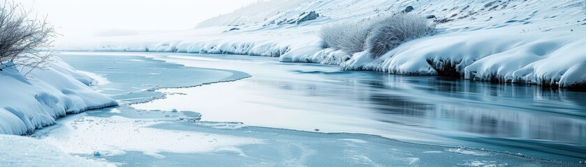 Frozen river in winter, snow-covered banks and icy surface, tranquil and serene winter landscape, perfect for holiday and seasonal themes, isolated white background.