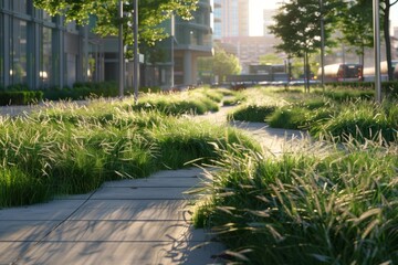 Obraz premium A path in a park with tall grass and trees