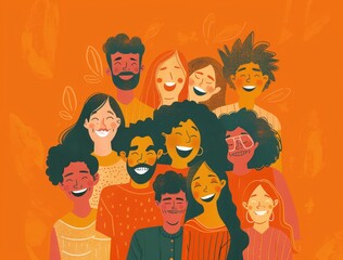 iverse group of people, dressed casually, stand in a semi-circle with their arms around each other. They all wear big smiles, portraying unity and happiness. Bright orange background. togetherness.