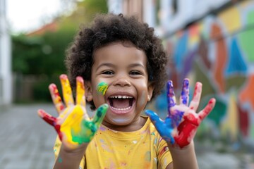 Happy african american boy showing his colorful painted hands, having fun doing artistic activities in the school yard, fun, children's day, creativity.