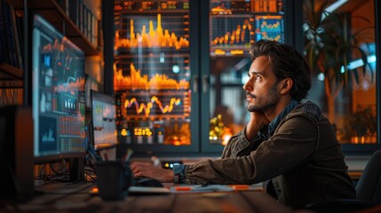Fototapeta premium Investment freelance agent analyzing financial charts in detail on his computer