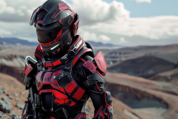 Futuristic soldier with red and black armor on rocky terrain, mountains in the background.