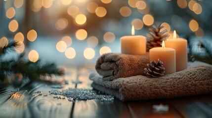 Winter Wellness: Depict a serene scene of winter wellness activities such as yoga, meditation, and spa treatments, emphasizing self-care and relaxation during the colder months. 
