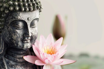 Buddha statue in meditation with lotus flower on light neutral background. Selective focus....
