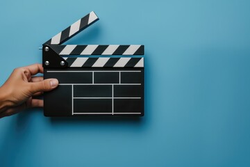 Naklejka premium Hand holding an open clapper board, concept of beginning film production, opening video content.