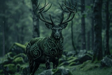 Majestic stag with intricate celtic knot designs stands in a mystical forest setting