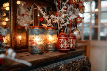 Exquisite Chinese lanterns with intricate designs creating a warm, inviting atmosphere, indicative of Asian culture and artistry