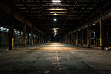 Exploring the eerie and atmospheric interior of an abandoned industrial warehouse with dark, moody lighting, empty spaces, and aged pillars