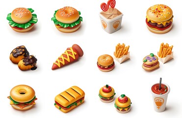set of icons in the style of fast food on a white background in a 3d cartoon style