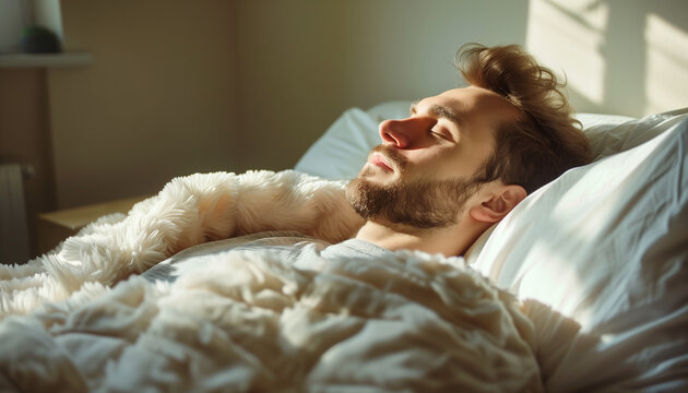 Young man peacefully sleeps in a cosy, sunlit bedroom, embodying the tranquility and orderliness celebrated on national make your bed day