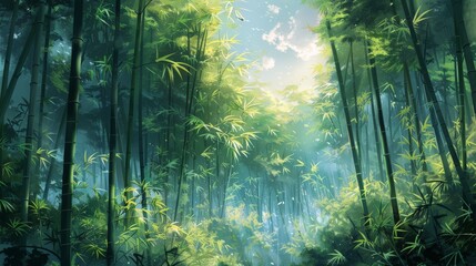 Fototapeta premium A dense bamboo forest with tall, slender bamboo stalks reaching up towards the sky, creating a calming and serene atmosphere.