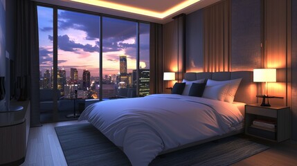 Cozy hotel room with a large bed, stylish furnishings, and a view of the city skyline, inviting and comfortable atmosphere, perfect for travel and accommodation themes, isolated background.