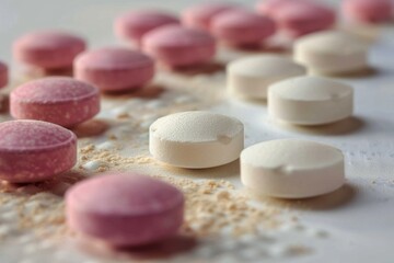 Various pastel-colored pharmaceutical pills scattered across a white surface, indicating medicine and health care concepts