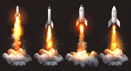 Fototapeta premium set of rocket flame and smoke vector illustration on black background, cartoon style, 2d game design, white color, high resolution, professional photography, studio lighting, ultra focus