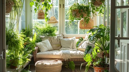 Bright and serene sunroom with lush hanging plants and cozy seating area