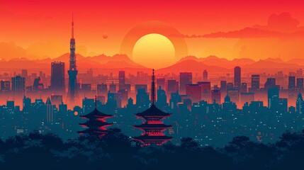 Obraz premium A collection of cultural landmarks in Japan, including temples, shrines, and traditional buildings, illustrated in a cohesive and minimalist style.