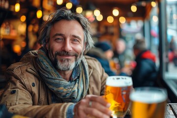 An affable man with a scarf toasts with a beer, showing enjoyment in a well-lit pub atmosphere