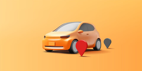 Yellow modern car and navigation icons, 3D. Banner for travel, delivery, service, comfort, and quality advertising concepts. Vector