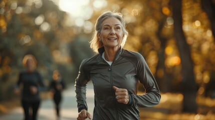 Obraz premium A happy healthy Caucasian elderly woman is jogging for exercise with friends at park.
