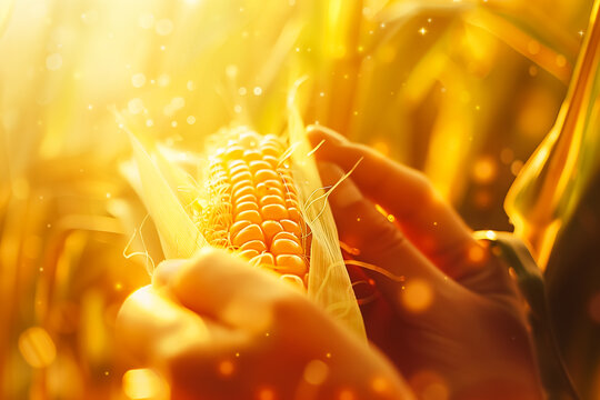 Close-up de uma pessoa segurando uma espiga de milho 