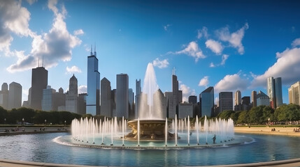 Obraz premium A beautiful fountain in the forefront with a vibrant city skyline in the background under a clear blue sky