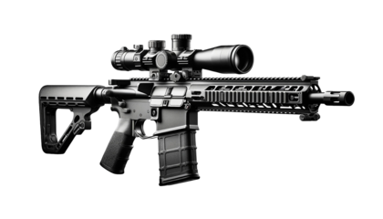 Sniper rifle gun  isolated on a white background. The rifle features a long, precision barrel, a high-powered scope, a sturdy stock, and detailed mechanica