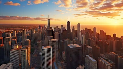 Obraz premium The city skyline basking in the warm glow of a sunset, creating a dramatic cityscape