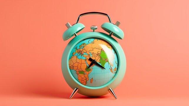 A creative clock with a world map face against a teal background symbolizing global awareness