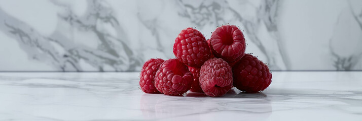 Experience the luscious appeal of six piles of ripe raspberries on a white background, a...