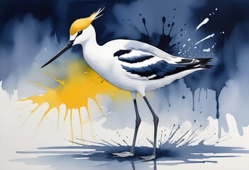 Watercolor painting avocet navy blue white and bol