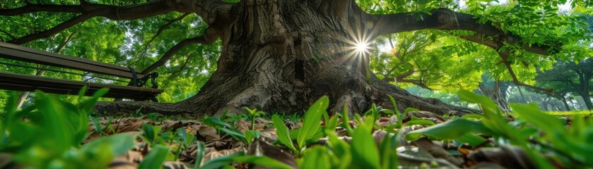 Majestic tree with sprawling branches and bright sunlight filtering through lush green leaves, captured from a low, ground-level perspective.