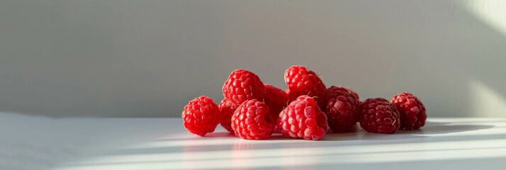 Enjoy the sight of six piles of ripe raspberries on a white background, a perfect representation of...