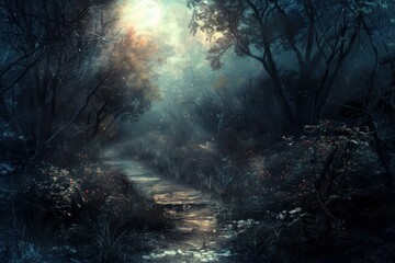 Tranquil and mysterious enchanted moonlit forest path in a mystical and ethereal lighting fantasy landscape. With magical woods and a serene and tranquil atmosphere