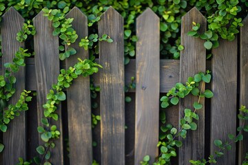 Fototapeta premium Full background texture of a wooden fence partially covered with fresh green leaves, denoting natural growth and privacy
