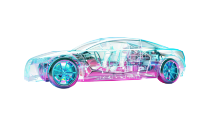 Translucent Robot Cars: Cars with transparent robot structures in a futuristic manner. Makes the interior of the car clearly visible. white background