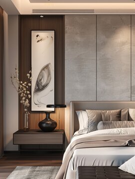 Decorate a decorative frame on the headboard of your bed. The warm color scheme is filled with modern and luxurious design elements, featuring deep maroon wood floors and walls decorated with black co