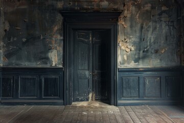 Obraz premium Vintage interior of an abandoned house with peeling paint and a dark, wooden door