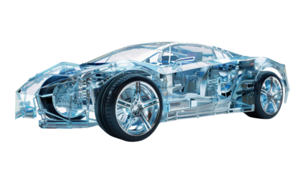 Translucent Robot Cars: Cars with transparent robot structures in a futuristic manner. Makes the interior of the car clearly visible. white background