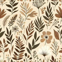 Fototapeta premium Seamless Hand-Drawn Botanical Pattern with Flowers and Leaves in Earthy Tones on Beige Background