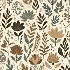 Fototapeta premium Seamless Hand-Drawn Botanical Pattern with Flowers and Leaves in Earthy Tones on Beige Background