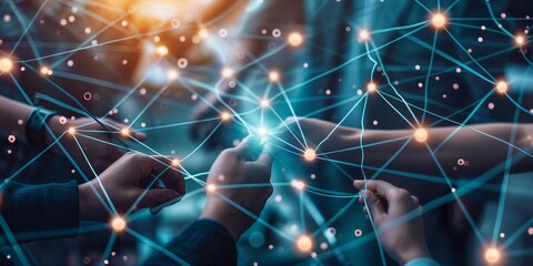 Hands interacting with a virtual network of dots and lines, symbolizing digital connection and collaboration